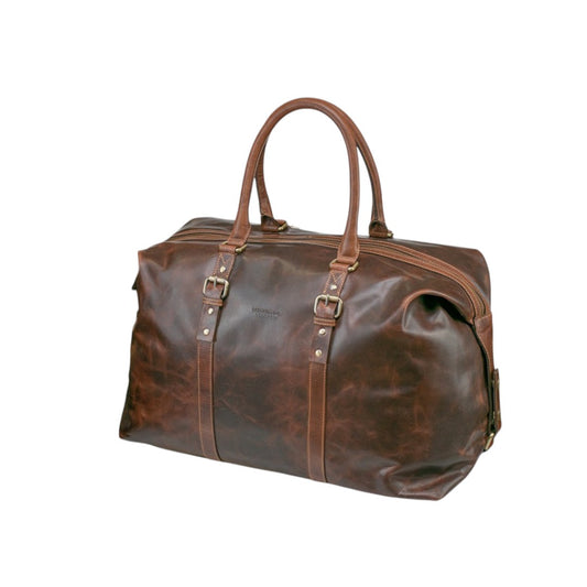 Bolso de viaje grande de cuero con asas superiores y detalles de hebilla
