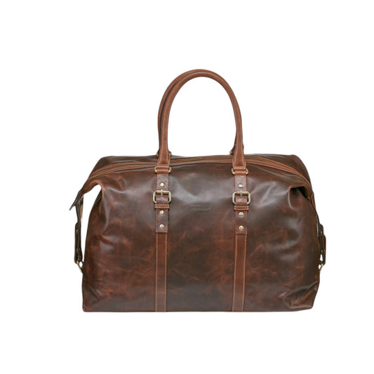 Large Leather Travel Bag with Top Handles and Buckle Details