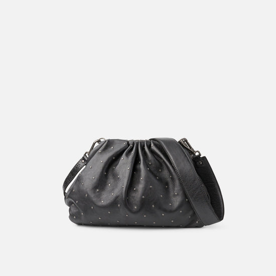 Black textured handbag on a light gray background