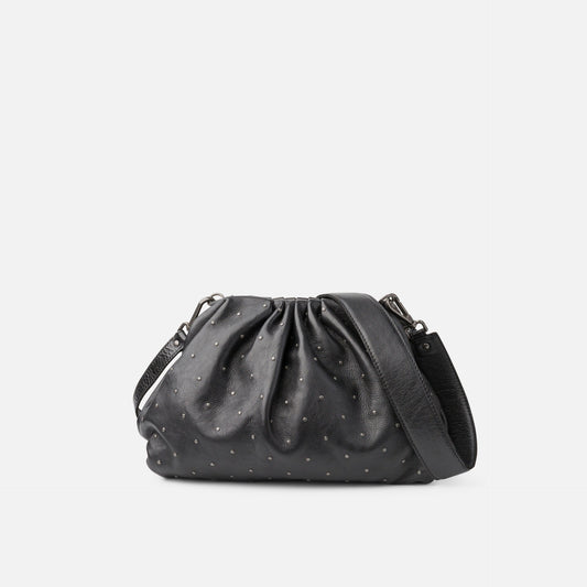 Black textured handbag on a light gray background